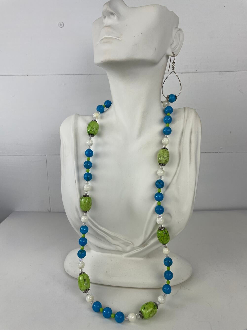 Vibrant Blue & Green Beaded Statement Necklace & Earring Set, Boho Artisan